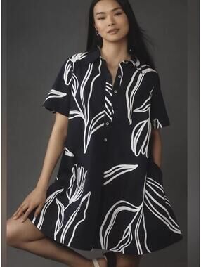 Anthropologie The Pollie Short-Sleeve Swing Tunic Mini Dress-Navy Blue-LP